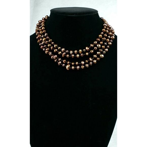 Sterling Silver 925 Imitation Pearl Beaded Necklace Brown Opera Length Long 34" - Picture 1 of 6